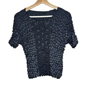 Vintage Black Popcorn Bubble Scrunchie Top Short‎ Sleeve Y2K Retro One Size